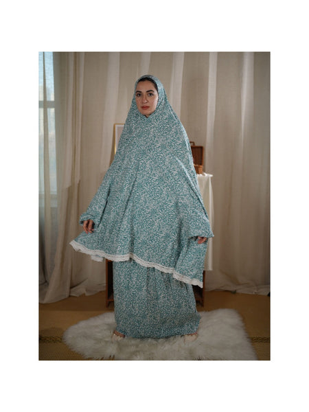 Traditional Muslim Women's Printed Hooded Prayer Gown Two-Piece Set - Upper Skirt 80cm, Lower Skirt 105cm