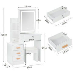 Modern Dressing Table with LED Lights, Vanity Desk with Mirror/4 Drawers/Cushioned Stool, Makeup Bedroom Dressing Table with Open Shelves for Home Bedroom