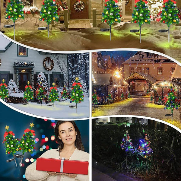 2 Set Solar Xmas Christmas Tree & Pathway Lights - Waterproof Outdoor Decor with Bow & Bell