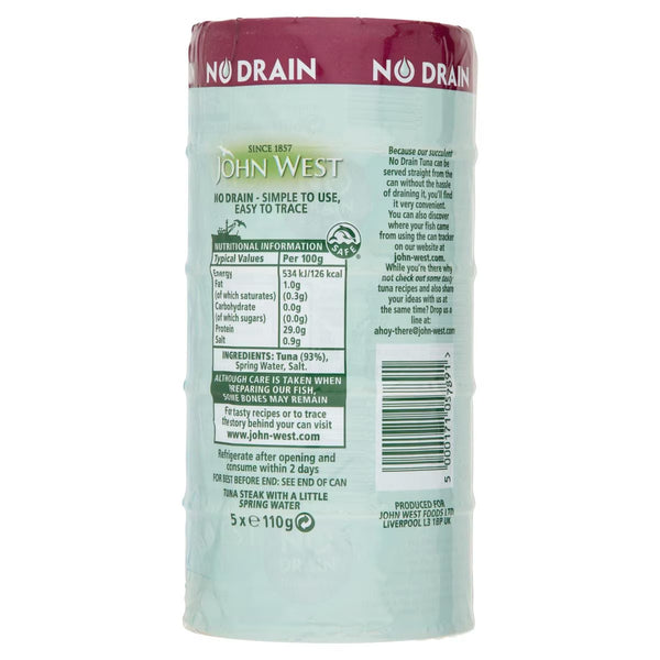 John West No Drain Tuna Steak in Spring Water, 5 X 110G