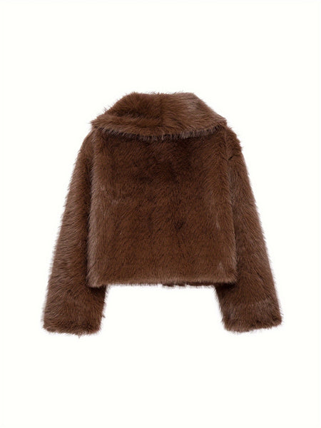 PEACHYZL Women'S Elegant Faux Fur Coat - Thickened Winter Jacket with Plush Lining, Loose Fit Long Sleeve Coat for Fall/Winter, BrownRed/