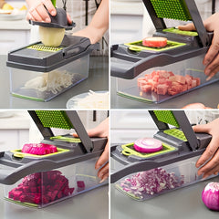 16-In-1 Vegetable Chopper - Multifunctional Manual Food Slicer, Kitchen Vegetable Slicer with Container, Onion, Carrot, Garlic, And Non-Rechargeable Plastic Kitchen Small Tool Set with Drainage Basket