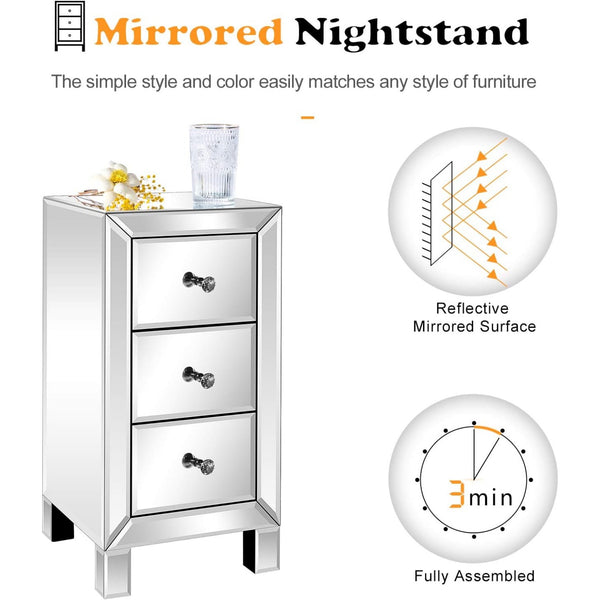 Bonnlo 3-Drawer Mirrored bedside tables for Bedroom, Living Room, Silver, 11.7