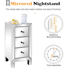 Bonnlo 3-Drawer Mirrored bedside tables for Bedroom, Living Room, Silver, 11.7
