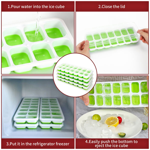 Vinsani 4 Pack Ice Cube Trays with Clear Removable Lid Easy-Release Silicone Flexible Ice Cube Moulds LFGB Certified and BPA Free Stackable Durable - Green