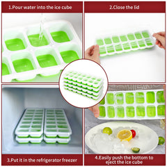 Vinsani 4 Pack Ice Cube Trays with Clear Removable Lid Easy-Release Silicone Flexible Ice Cube Moulds LFGB Certified and BPA Free Stackable Durable - Green