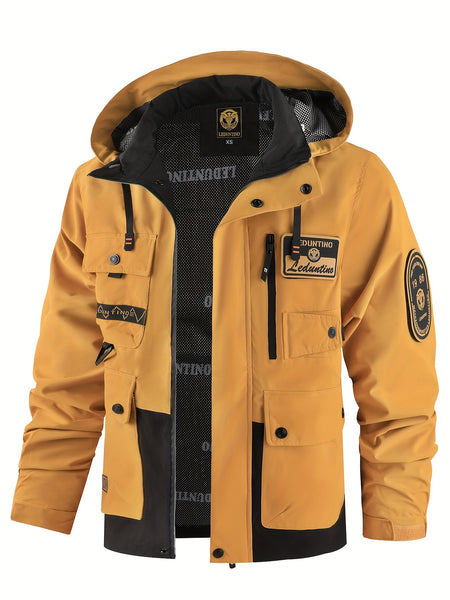 Men's Spring Autumn New Hooded Thin Jacket Men's Outdoor Warm Storm Jacket Men's Casual Multi-Pocket Cargo Jacket Men's Hat Detachable Zipper Jacket Men's Color Insertion Jacket
