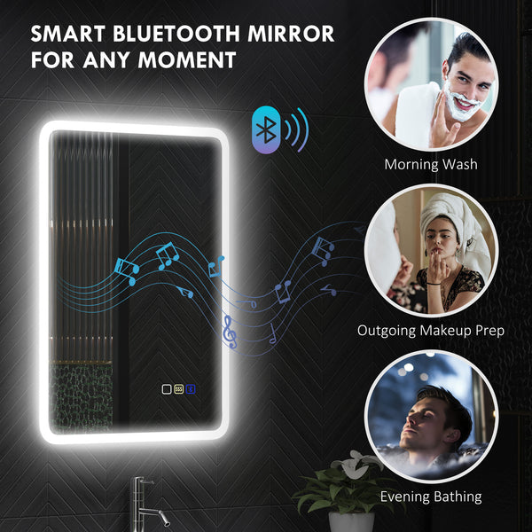Backlit Illuminated Bathroom Mirror with LED Lights and Bluetooth, Wall Mounted Vanity Mirror with 3 Colours Dimmable, Anti-Fog, Memory Function, Touch Switch, IP44