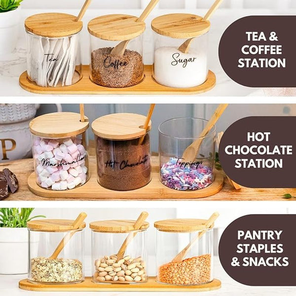 Marco Paul Glass Tea Coffee Sugar Canisters Set with Lids Hot Chocolate Station Glass Storage Jars with Lids Cocoa Powder Spices Herbs Home and Kitchen Accessories House Essentials Storage Containers