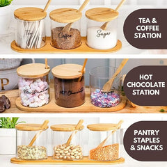 Marco Paul Glass Tea Coffee Sugar Canisters Set with Lids Hot Chocolate Station Glass Storage Jars with Lids Cocoa Powder Spices Herbs Home and Kitchen Accessories House Essentials Storage Containers