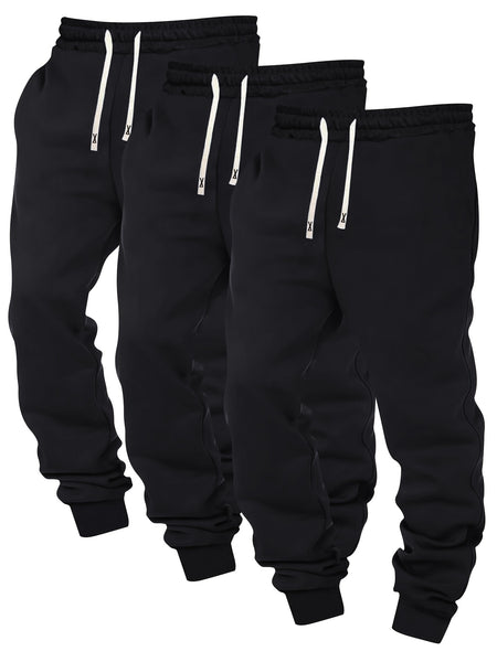 Three-pc Men's Solid Color Plain Elastic Waistband Drawstring Ribbed Cuffed Casual Jogger Pants, Men's Dress Administrative Trousers