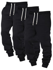 Three-pc Men's Solid Color Plain Elastic Waistband Drawstring Ribbed Cuffed Casual Jogger Pants, Men's Dress Administrative Trousers