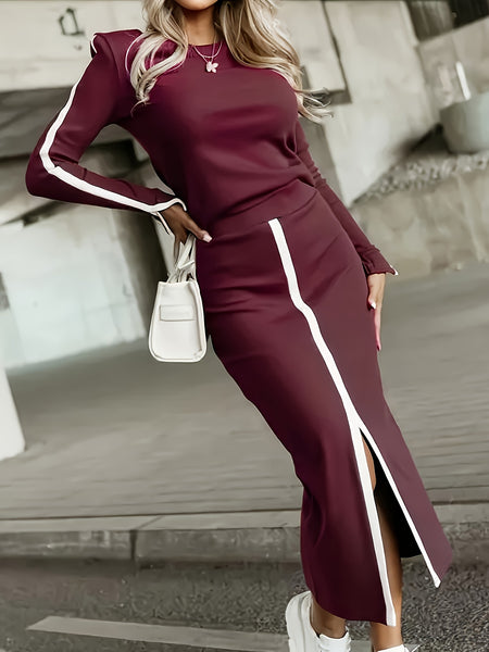Ladies' Solid-color Slit 2pcs Dress Set ( Style) - This Sleeveless, Fitted Design with a High-waist Slit and Textured Is Perfect for Autumn and Winter, and Is an Excellent Choice for Office Casual Wear.