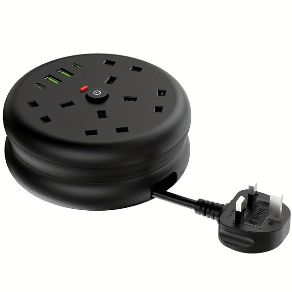 8-in-1 Power Strip Surge Protector/ Power Board/ Extension Socket with 2m Retractable Cord, 3250W, 13A, Portable Power Socket, Overload Protection, 4 AC Power Sockets, 4 USB Ports, Suitable for Home, Kitchen, Office Or Hotel Use.