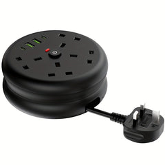 8-in-1 Power Strip Surge Protector/ Power Board/ Extension Socket with 2m Retractable Cord, 3250W, 13A, Portable Power Socket, Overload Protection, 4 AC Power Sockets, 4 USB Ports, Suitable for Home, Kitchen, Office Or Hotel Use.