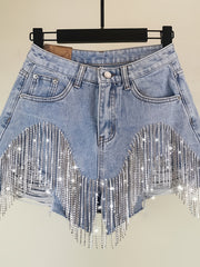Women's High Waisted Rhinestone & Pearl Tassel Denim Shorts - Ripped Frayed Raw Hem with Sparkly Chain Fringe, Stretch Denim Hot Pants Suitable for Club Party Night Out, Machine Washable Sexy Fringe Hem Shorts