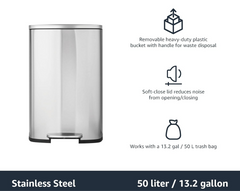 Amazon Basics Rectangular Kitchen Bin with Steel Bar Pedal, Soft-Closing Mechanism for Home and Office Use, 50 L/13.2 Gallon, Satin Nickel Finish