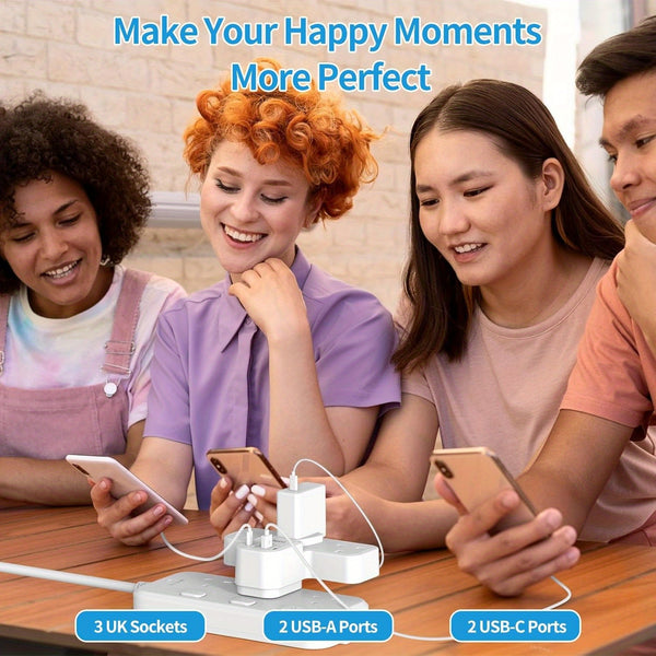 FDTEK 3 Gang Plug Adapter Featuring a 4 USB Extension Socket (Including 2 USB-C), Equipped with Surge Protection And Child Safety, Suitable for Phones, Tablets, And Use in Homes Or Offices, with a Capacity of 13A 3250W