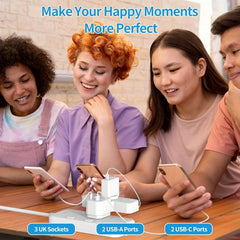 FDTEK 3 Gang Plug Adapter Featuring a 4 USB Extension Socket (Including 2 USB-C), Equipped with Surge Protection And Child Safety, Suitable for Phones, Tablets, And Use in Homes Or Offices, with a Capacity of 13A 3250W