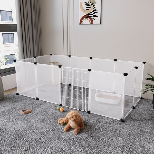 Transparent Plastic Dog Fence with Door Frame, 12-Panel Clear Plastic Dog Playpen with Door Frame, Modular Pet Fence System, Small/Medium Dog Pen with Convenient Access Gate for Indoor Use, Ideal for Home Indoor Use Like Living Room, Bedroom, 149x70x45cm