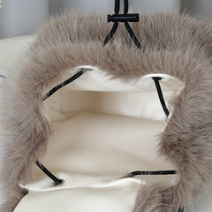 1pc Women's Plush Faux Fur Backpack - Soft Mini Daypack with Adjustable Drawstring Closure & Strap, Golden-Tone-like Black Tip (No-Washable) - Elegant White/Black Mini Bag for,, Travel - Faux-Fur Coat-Like Texture Purse, Bags For Women, Small Backpack For