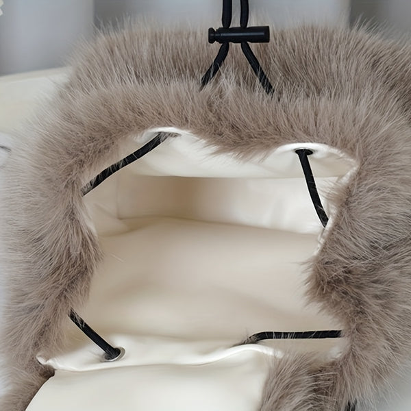 1pc Women's Plush Faux Fur Backpack - Soft Mini Daypack with Adjustable Drawstring Closure & Strap, Golden-Tone-like Black Tip (No-Washable) - Elegant White/Black Mini Bag for,, Travel - Faux-Fur Coat-Like Texture Purse, Bags For Women, Small Backpack For