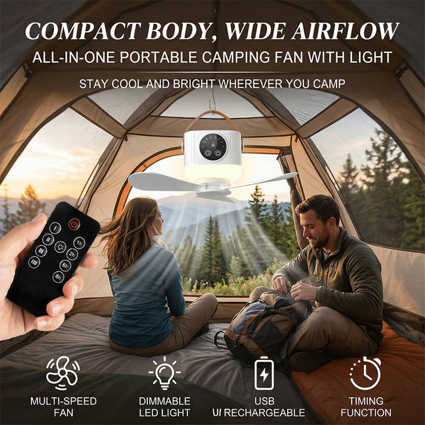 7200mAh Rechargeable Camping Fan with LED Light, USB Ceiling Tent Fan with 4 Speeds, Remote Control, Timer, Detachable Blades, Portable Outdoor Car Camping Fan