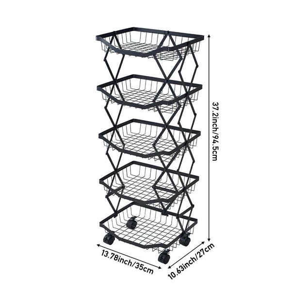 Foldable Kitchen Organizer Cart with 360° Rotating & Multi-Tier Shelves, Large Capacity Metal Vegetable Cart & Organiser - Portable, Space-Saving Storage for Pantry, Utility Room & Kitchen