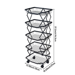 Foldable Kitchen Organizer Cart with 360° Rotating & Multi-Tier Shelves, Large Capacity Metal Vegetable Cart & Organiser - Portable, Space-Saving Storage for Pantry, Utility Room & Kitchen