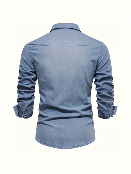 New Men'S Denim Shirt, Casual Solid Color Men'S Long Sleeve Dress Shirt
