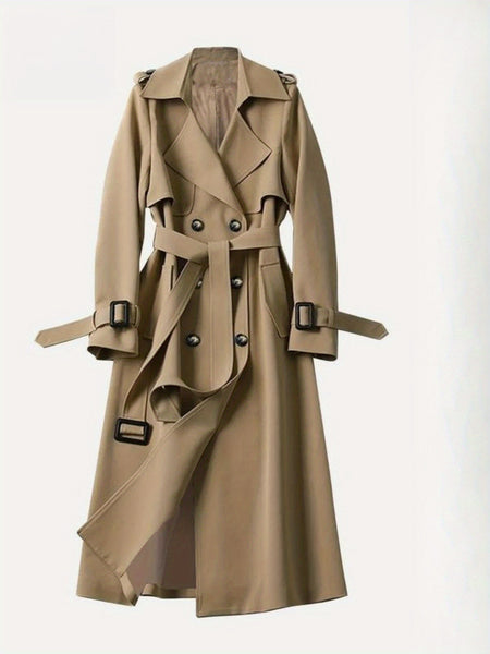 Women's Beige Knee-Length Coat - Elegant Loose-Fit Over Jacket with Front buttons & Zipper Closure, Non-Stretchy Outerwear for Petite Women, Fall Winter Formal & Casual Events (Machine Washable), Seasonal Fashion, Classic Design, Polished Finish, Office W