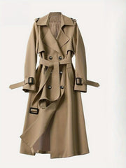 Women's Beige Knee-Length Coat - Elegant Loose-Fit Over Jacket with Front buttons & Zipper Closure, Non-Stretchy Outerwear for Petite Women, Fall Winter Formal & Casual Events (Machine Washable), Seasonal Fashion, Classic Design, Polished Finish, Office W