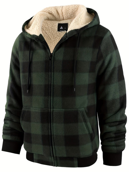 Men's Heavyweight -Lined Hooded Jacket - Full-Zip Plaid Thickened Shirt with Pockets and Adjustable Drawstring, Comfortable and Warm for Autumn and Winter