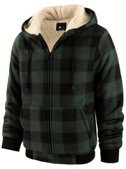 Men's Heavyweight -Lined Hooded Jacket - Full-Zip Plaid Thickened Shirt with Pockets and Adjustable Drawstring, Comfortable and Warm for Autumn and Winter