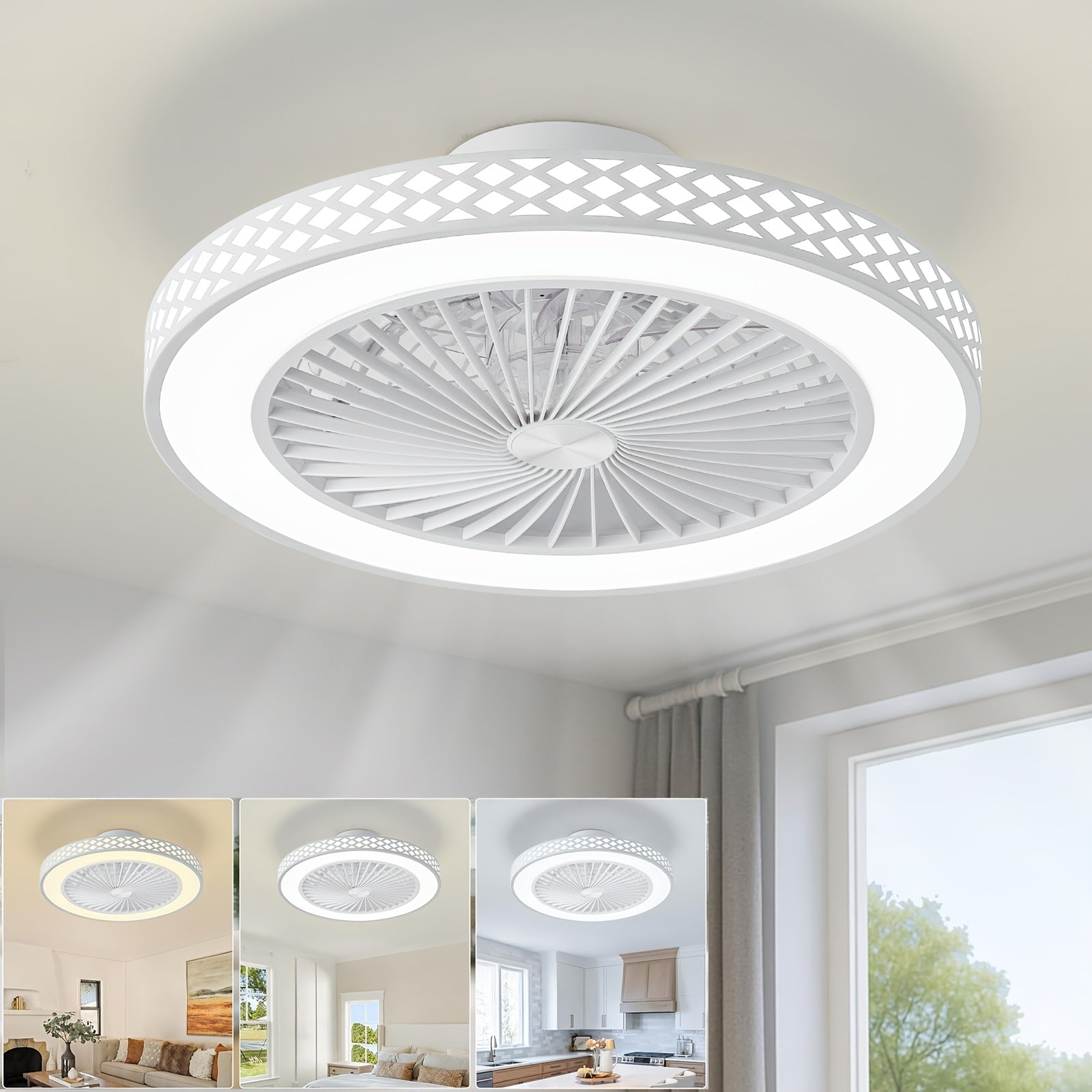 Ceiling Fan with Lights, 6 Speeds Reversible Bladeless Ceiling Fans 3-Color Temperature Stepless Dimming Low Profile Flush Mount Ceiling Fan Quiet Timing for Kitchen, Living Room, Bedroom