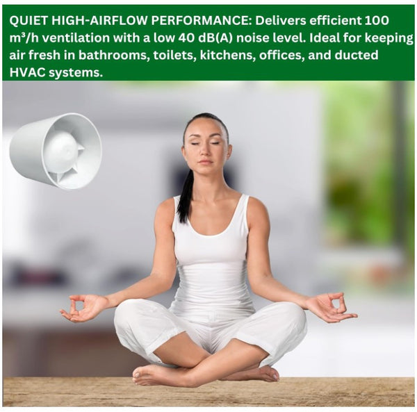 100mm In-Line Extractor Fan – Quiet Bathroom Ventilation Fan for Ducting – High Airflow 100 m³/h – IPX2 Rated ABS Housing – Ideal for Toilet, Kitchen, Home, Office & Commercial Use. Set by MYPURECORE