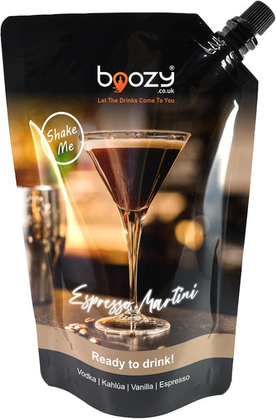 Boozy Espresso Martini Cocktail Shaker Set in Gift Box, with Glasses & Shaker, 500Ml, 5 Servings, 18% ABV, Premixed Cocktail, Shaker, X2 Ravenhead Glasses