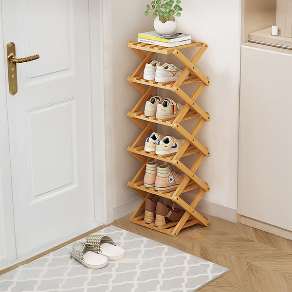 4/5/6/7 Tiers Bamboo Wooden Shoe Rack, Vertical Shoe Racks Storage Shelves Tall Shoe Tower, Collapsible Narrow Shoe Stand, Installation Free Folding X-Shape Shoe Racks Sneakers Slippers Holder Organizer, Multi Functional Shoe Rack Durable Footwear Cabinet
