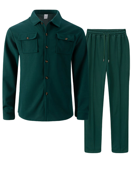 Men's Two-Piece Set, Autumn-Winter Casual Fashion Beach Dual Pocket Turn Collar Long Sleeve Shirt + Trousers Outfit for Fall/Winter Hawaiian Vacation