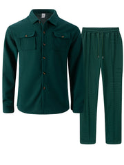 Men's Two-Piece Set, Autumn-Winter Casual Fashion Beach Dual Pocket Turn Collar Long Sleeve Shirt + Trousers Outfit for Fall/Winter Hawaiian Vacation