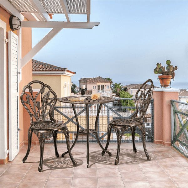Costoffs 3pcs Patio Bistro Table Set with Umbrella Hole Outdoor Furniture Antique Aluminium Chair Rose Vine Dining Set for Garden Backyard Porch Balcony Lawn Pool