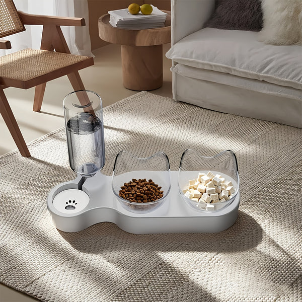 3-In-1 Pet Feeder, Pet Bowl, 40.01cm*9.3cm, Local Inventory Shipment, Triple Cat Bowl for Food And Water, Plastic Raised Cat Dish, Automatic Water Bottle, Food Bowl And Waterer Set, 15° Neck Guard, Dry And Wet Food Bowl Set for Cats