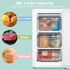 COMFEE' 60 Litre Upright Under Counter Freezer, 48cm Freestanding Freezer - Adjustable Thermostat & Reversible Door for Flexible Installation - 4-Star Freezer Rating Performance in Energy Saving, White Design (Energy E) - Ideal for Small Kitchens, Restaur