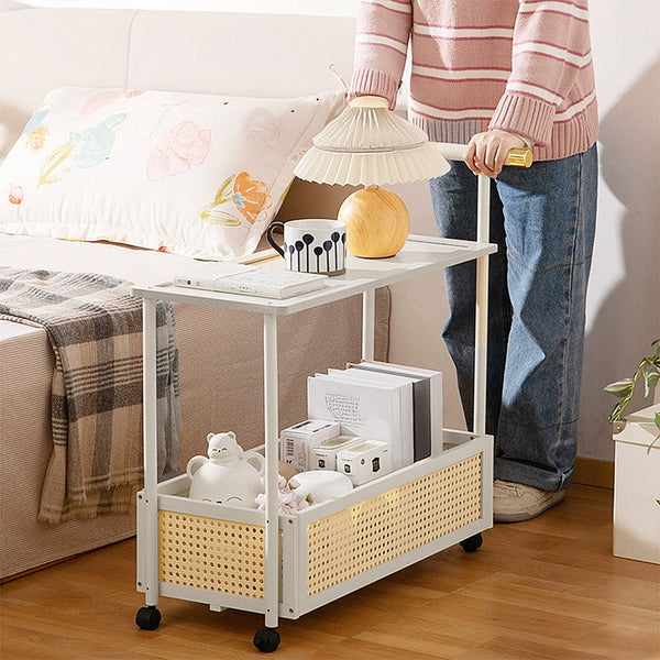 1PC Multifunctional Living Room Side Table with Wheels, Mobile Coffee Table Featuring Storage Basket and Shelves, Modern Storage Rack, Suitable for Living Rooms, Bedrooms, and Offices