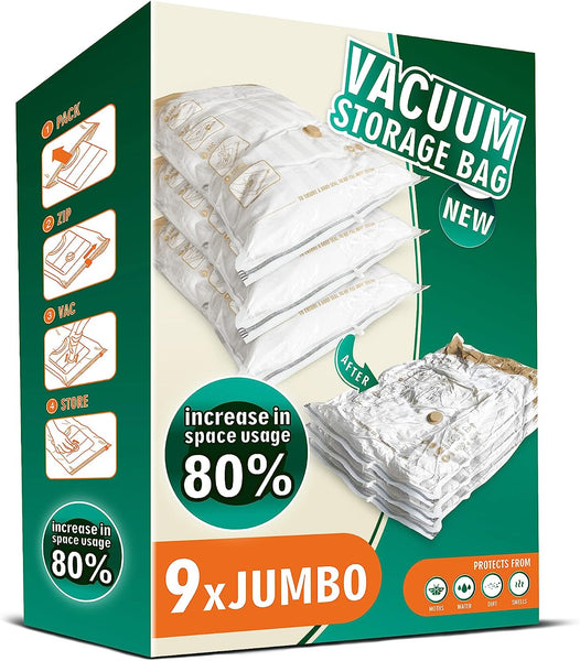 Storage Master Space Saver Bags for Travel and Home Reusable Vacuum Storage Bags save 80% More Storage Space Work with Vacuum Cleaner (9 Combo, No Pump Included)