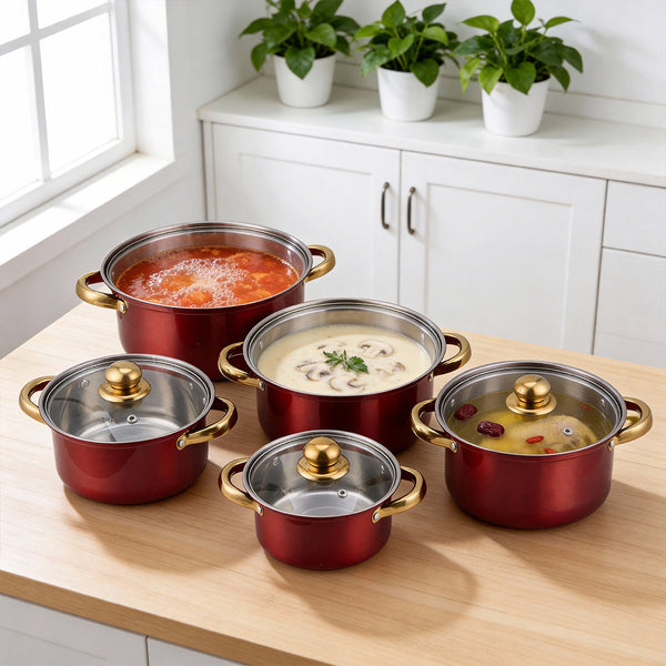 10PCS Multifunctional Stainless Steel Soup Pot Set, Milk Pot for Daily Kitchen Cooking, Hot Pot and Instant Noodles, Sturdy Gold-Plated Handles, Red