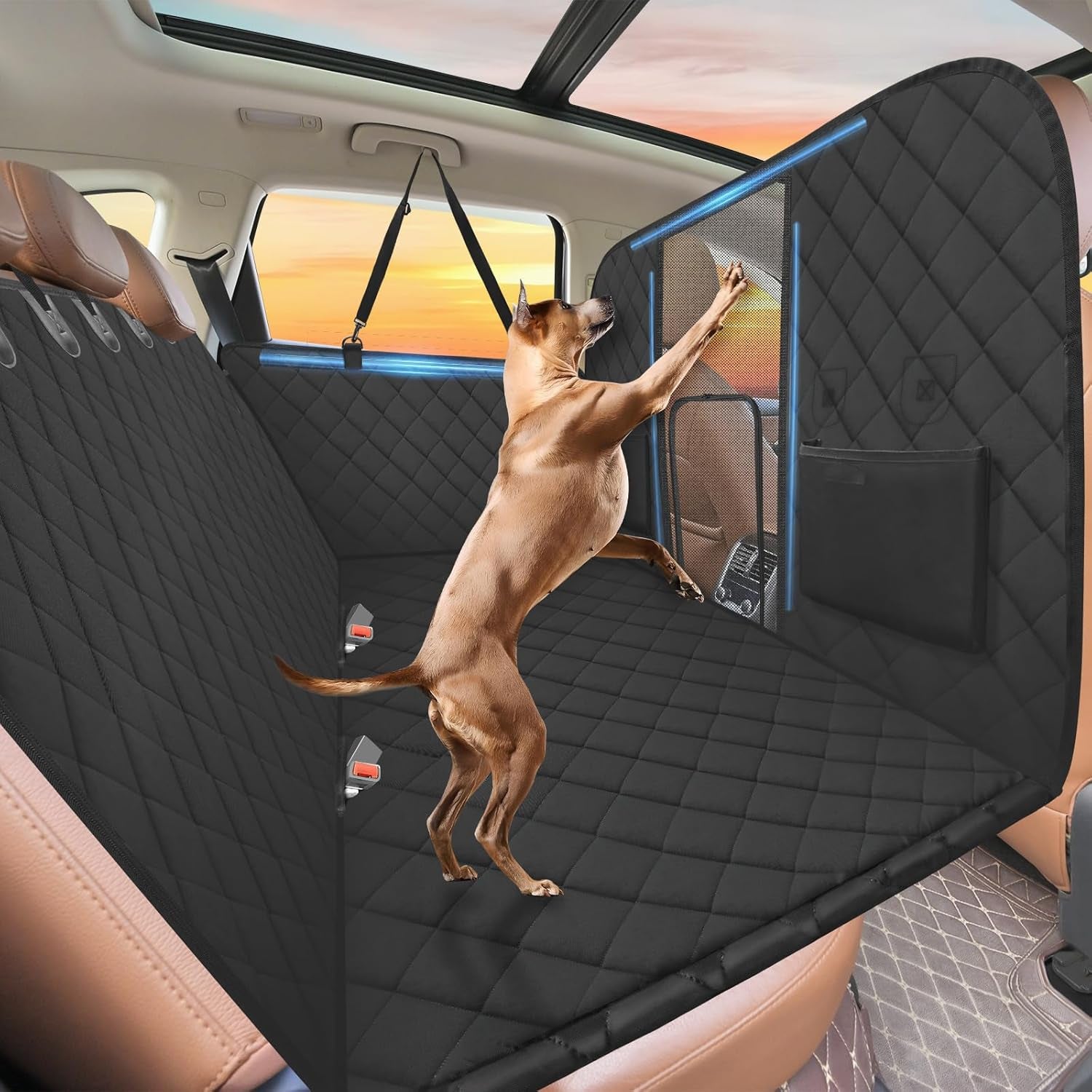 ROUWINNE Back Seat Extender for Dogs - Large Space Car Seat Cover with Hard Bottom, Sturdy Hammock Supporting 181Kg, Easy to Install for Cars, Trucks, Suvs - Black