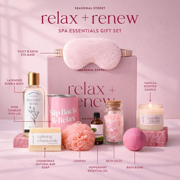 Gift Set with Wine Tumbler, Candle, Silk Sleep Mask, Bath Salts in Glass, Bath Bomb, Essential Oil, Bubble Bath Soap, Loofa and Soap Bar - Eye Catching and Unique Spa Bath Gift Set
