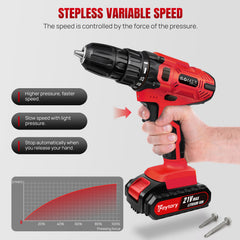 Cordless Drill Driver 21V, Electric Drill Kit with LI-ion Battery, Cordless Combi Screwdriver 25+1 Torque, 45N.m Max, 32pcs Accessory, 2 Variable Speed, LED Light for Home and Garden DIY Project 3/8