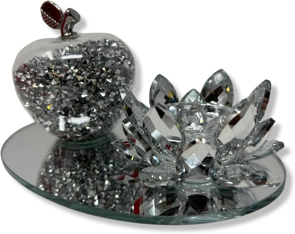 Amazing Gift Silver Sparkle Glass Ornament Bling Crushed Diamond Crystal Filled Apple Shape Tealight Candle Holder
